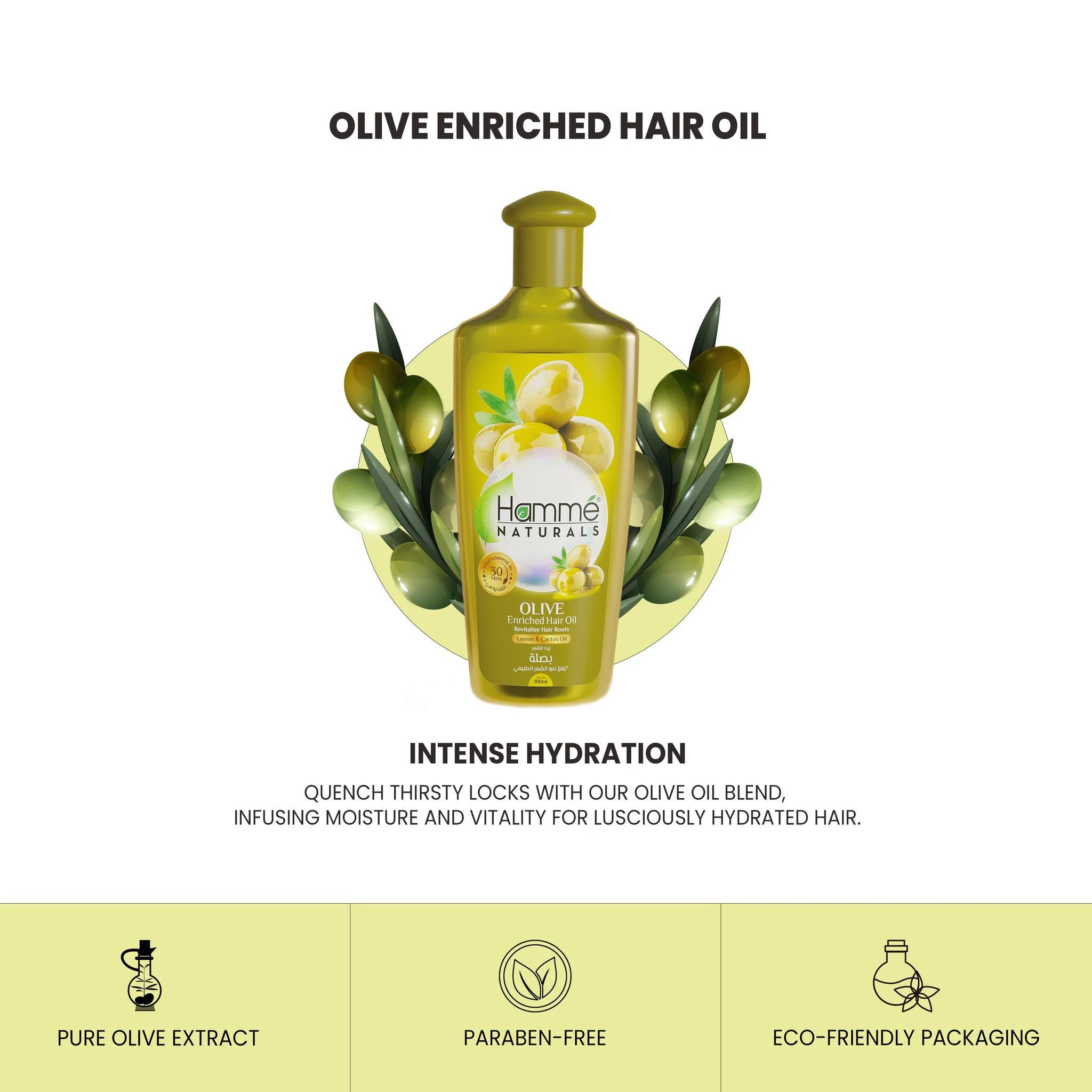 Olive Enriched Hair Oil - Hammé - Makes You Stand out  - A bottle of coconut oil beside a coconut, highlighting its natural benefits for nourishing hair health